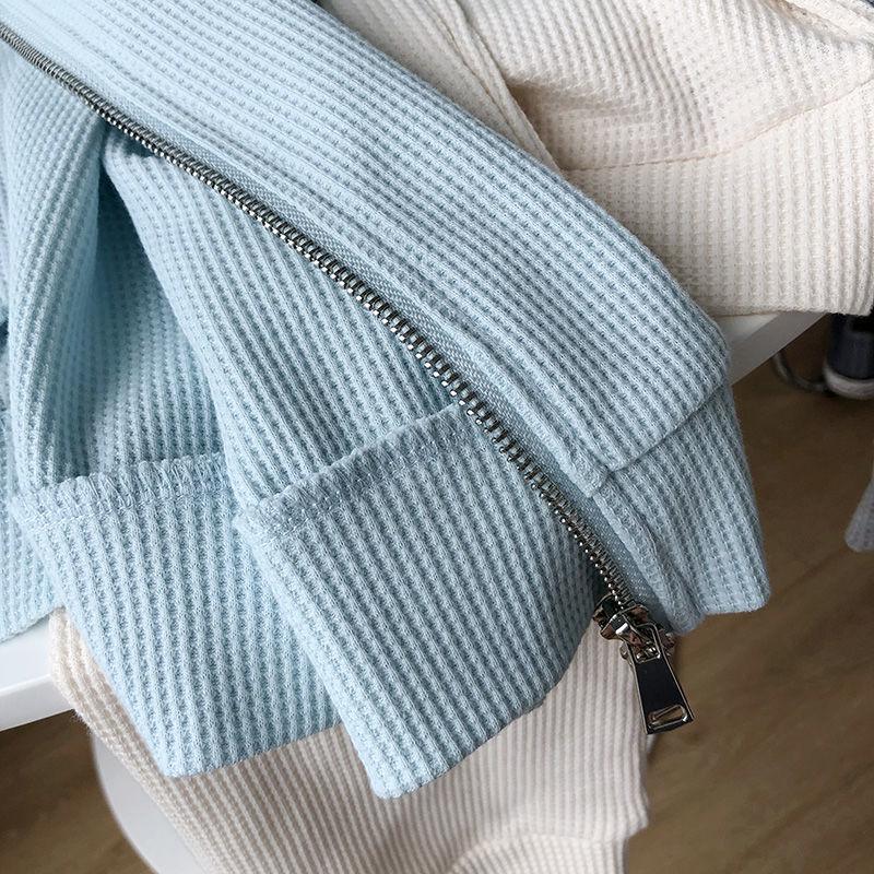 Women's Autumn Cotton Waffle Jacket, Korean Style, Loose Design, Double Zipper Cardigan