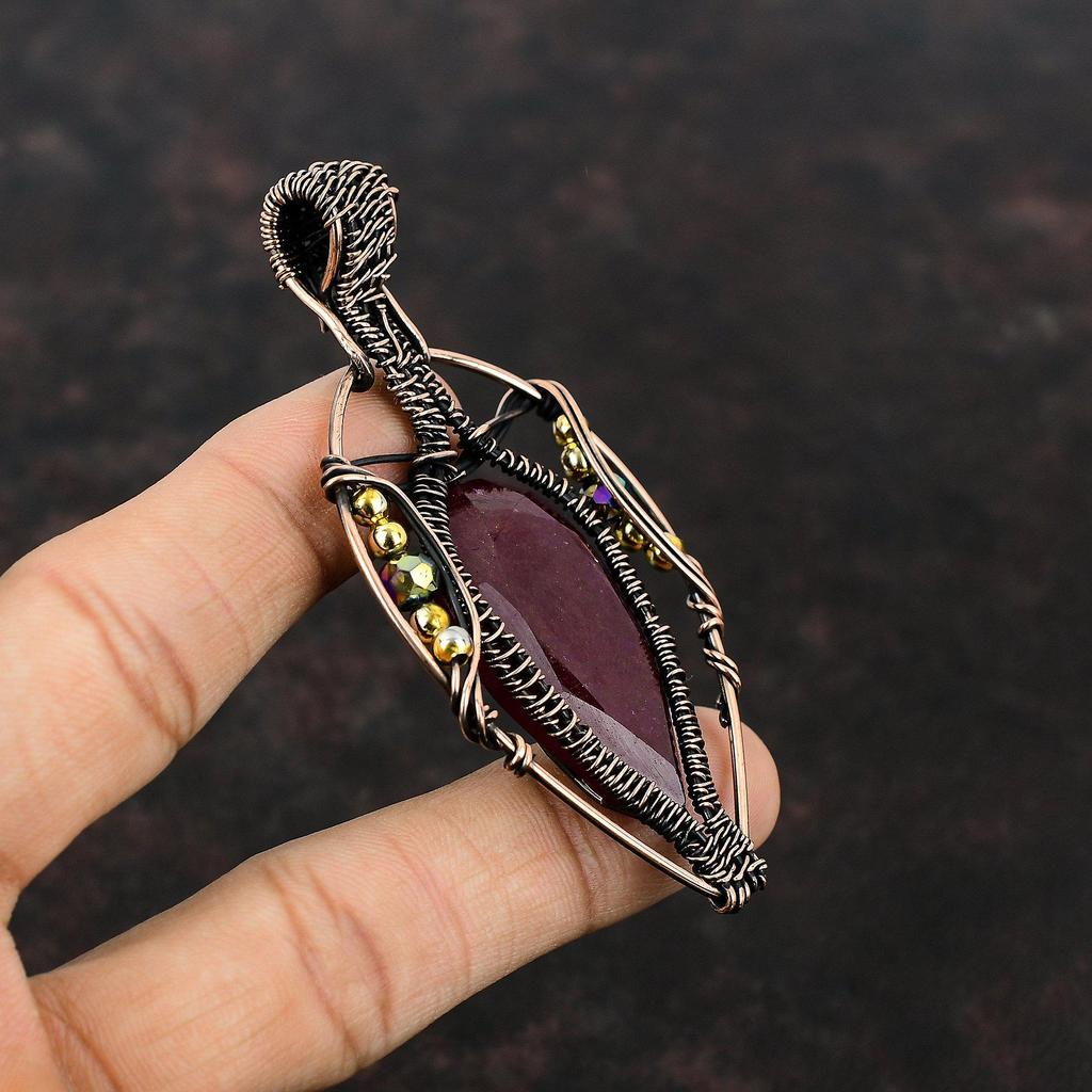 Faceted Kashmir Ruby Pendant Copper Wire Wrapped Pendant Titanium Beads Pendant Handmade Gemstone Pendant Copper Wire Jewelry Gift For Women