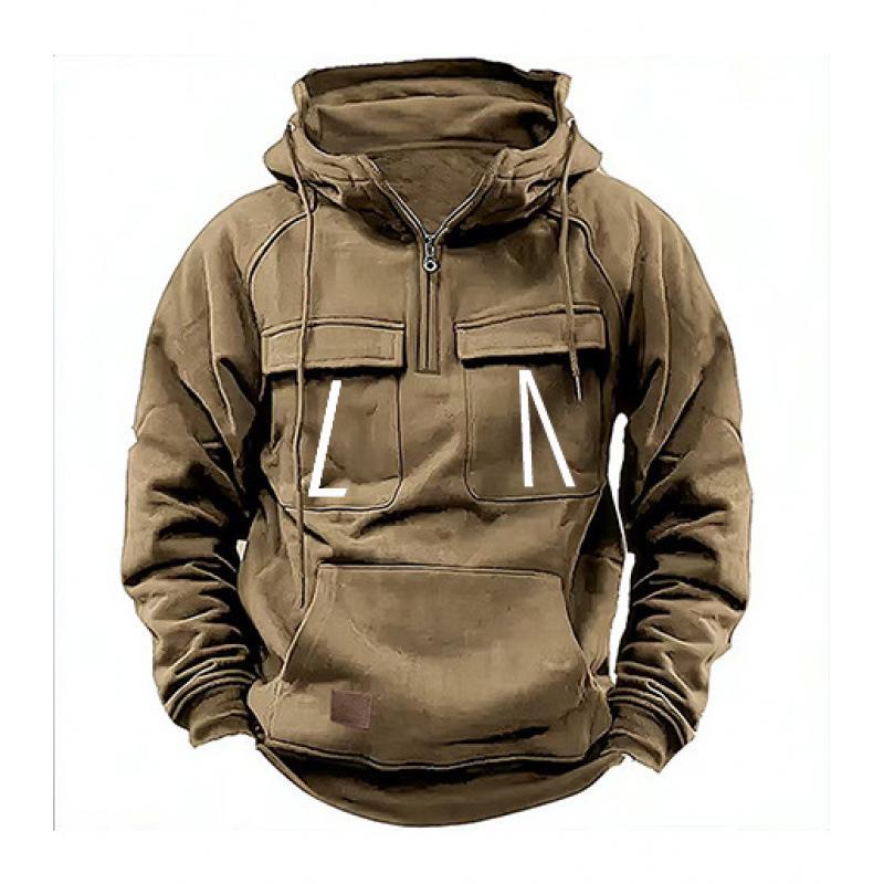 2024 Vintage Men's Distressed Hooded Sweatshirt with Multi-Pocket Zipper