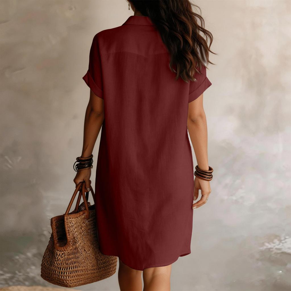 Loose Fit Button Down Shirt Dress Short Sleeve Casual Collar Design Lightweight Fabric Knee Length