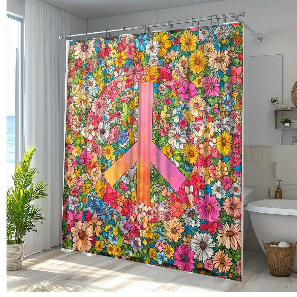 1Pc Vibrant Floral Peace Sign Shower Curtain - Colorful Flowers & Symbolic Design, Polyester Fabric Bathroom Dcor With 12 Hooks