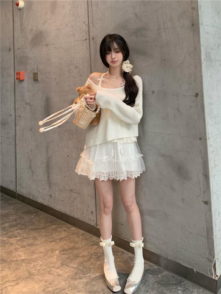 Sweet Vintage Princess High Waist Skirt Women Spring New White Floral Cake Clothing Female Fairy Cute Lace Pure Color Skirt 2024