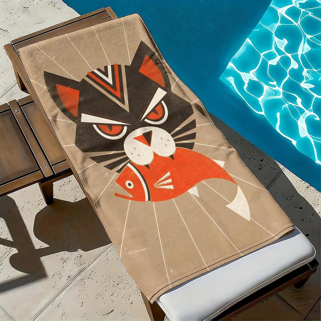 Cartoon cat fish with geometric patterns polyester microfiber beach towel highly absorbent, suitable swimming and beach outings
