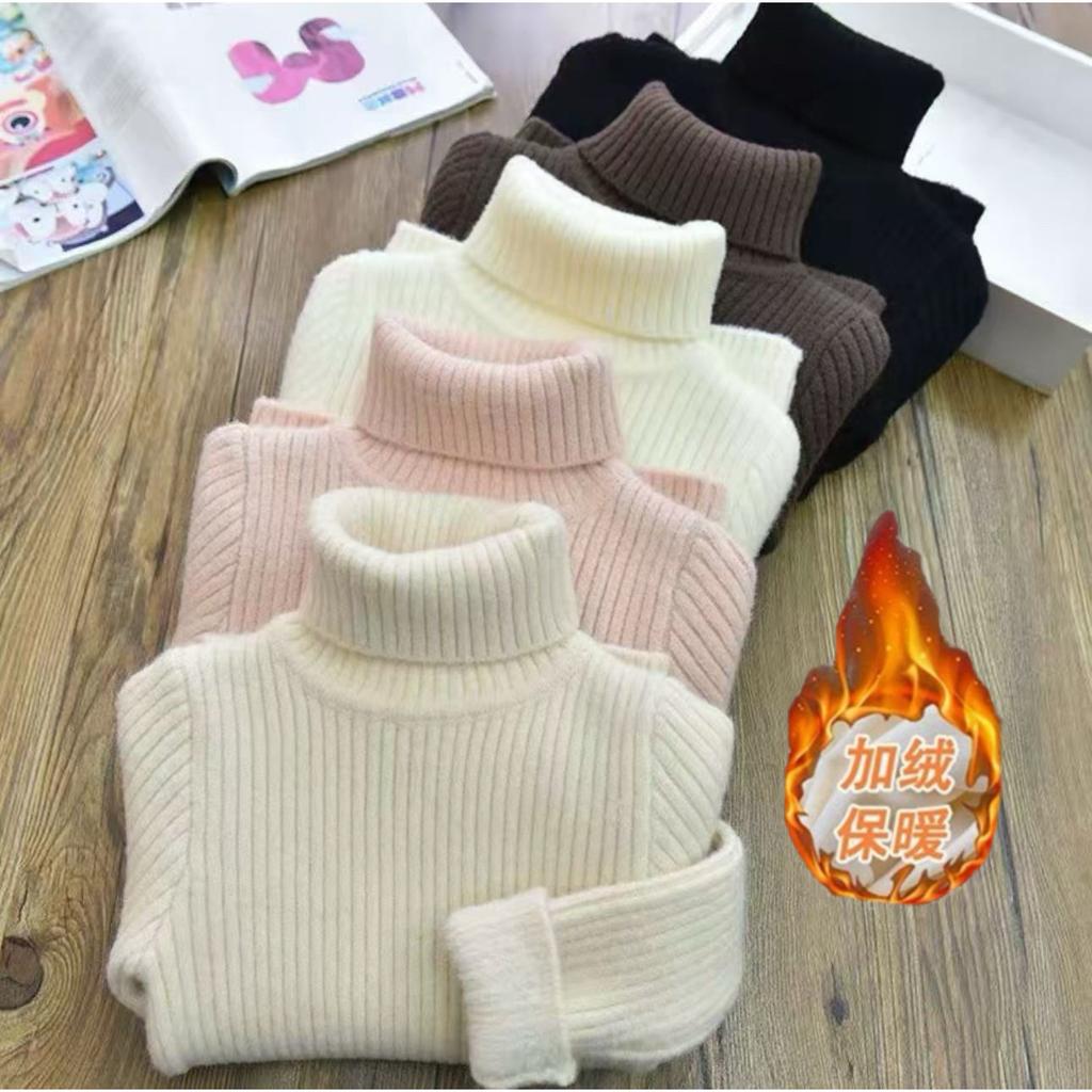 Kids Autumn Winter Thickened Fleece Lined High Neck Knit Sweater Warm Base Layer Top For Toddlers And Children