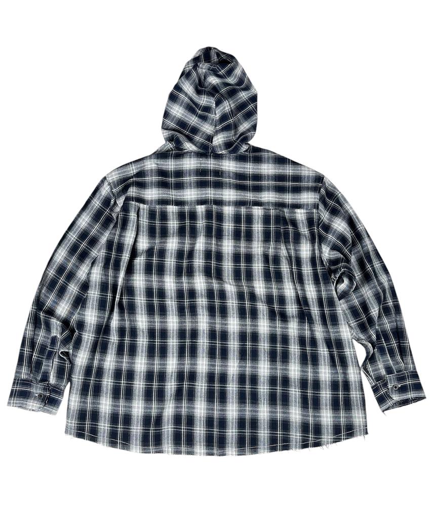 SK8ER ROCK Cross Cut-Off Tartan Check Hoodie Shirt ((Marine))