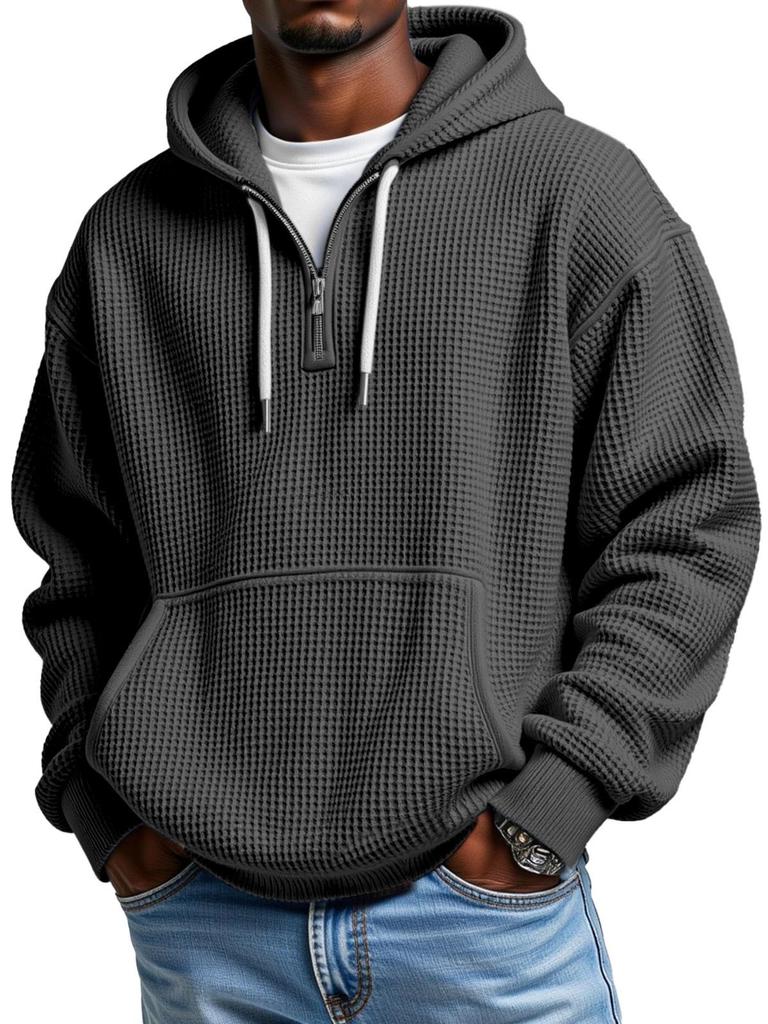 Men's Vintage Waffle Weave Half-Zip Hooded Sweatshirt for Autumn/Winter