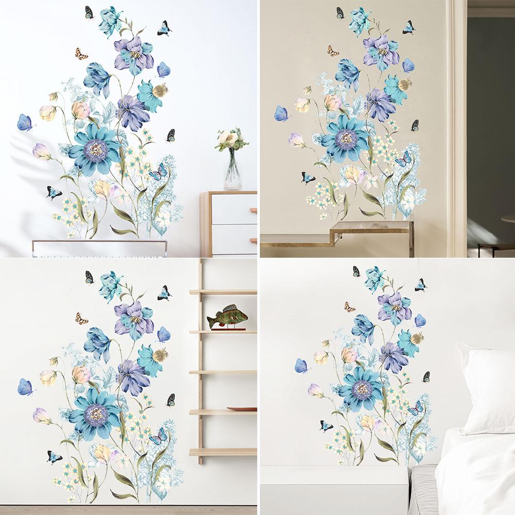 Painted Blue Flowers Butterfly Bedroom Porch Bedside Home Wall Decoration Wall Stickers Self-adhesive Room Decoration Accessorie