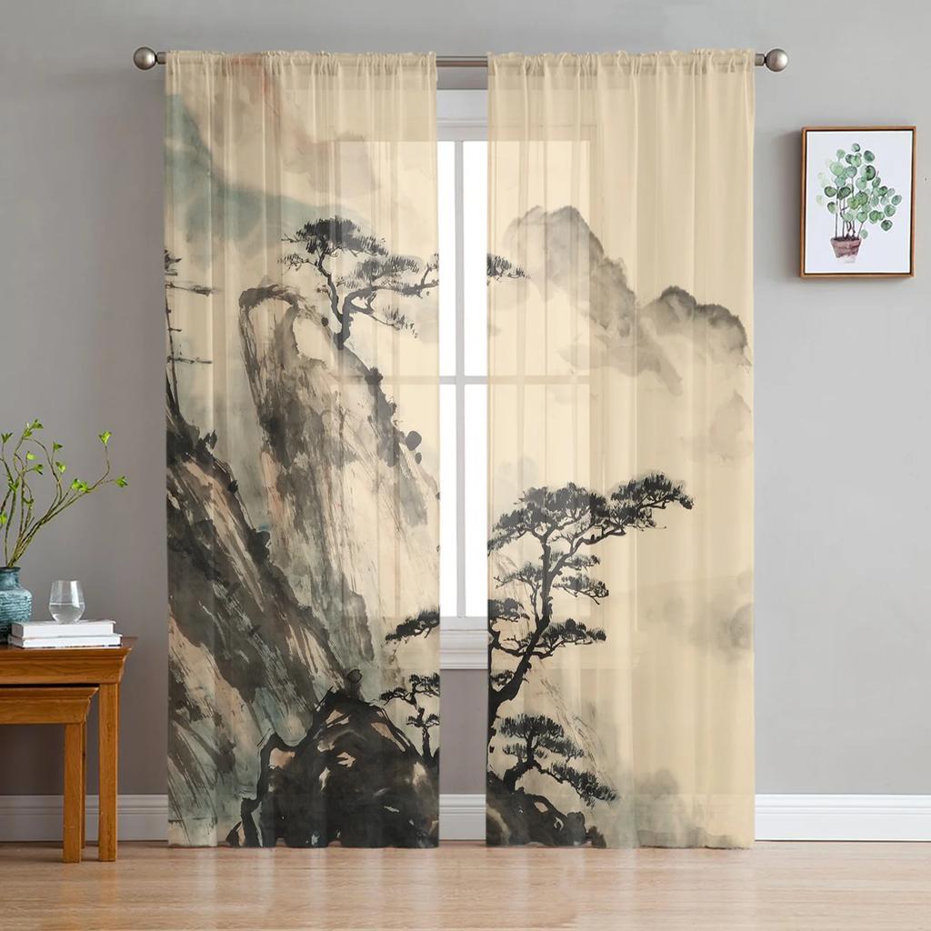 Chinese Ink Landscape Painting Bamboo Sheer Voile Curtains For Bedroom Living Room Kitchen Decor Chiffon Tulle Windows Curtain