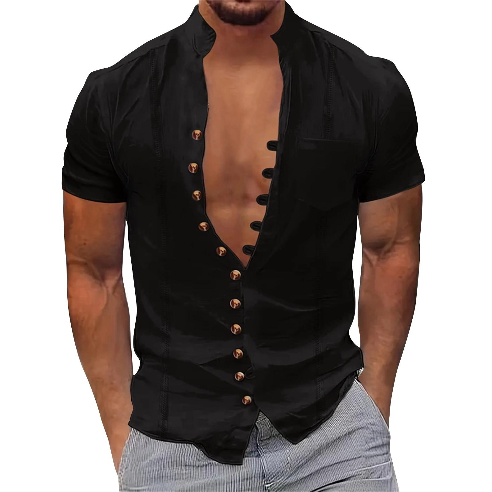 

Мужская летняя рубашка с коротким рукавом, однотонным карманом, полосками и пуговицами, мужские повседневные модные топы L чёрный
