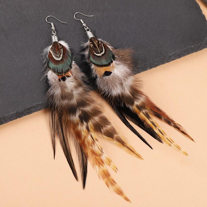 Exaggerated personality long feather earrings women's bohemian temperament retro vacation fringed earrings