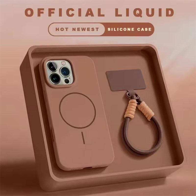 Liquid Silicone Wrist Strap Magnetic Case for iPhone 17 16 15 14 13 12 Pro Max Plus Candy Color Lanyard Shockproof Soft Cover