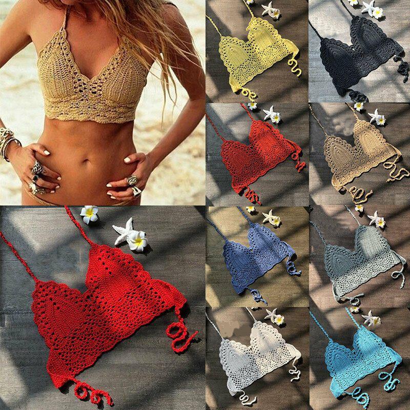 Crochet Women Lace Vest Crop Top Knitted Bra Boho Beachwear Bikini Holiday Tank