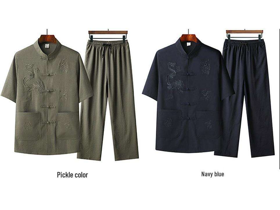 Men's Embroidered Short Sleeve Tang Suit - Loose Fit Dragon Set for Fathers and Seniors