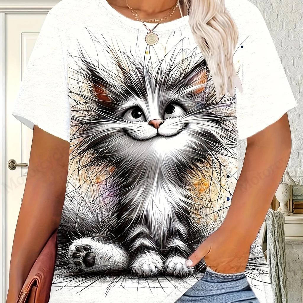Women's Plus Size 3d Cute Cat 3d Print Tshirt Women Fashion Casual Crew Neck Short Sleeve T Shirt Female Tops Tees Cartoon