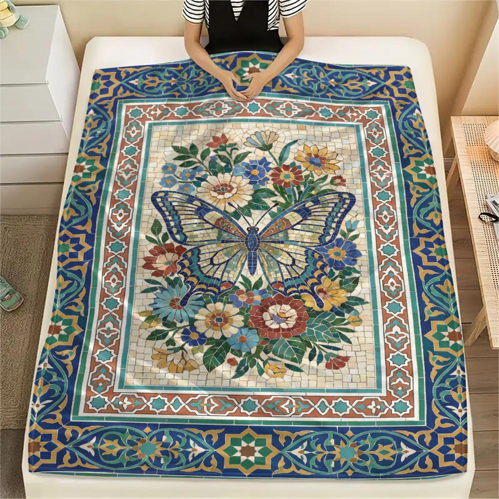 Moroccan Butterfly Print Flannel Blanket, High Quality Comfortable for All Seasons, Home Decor, Warmth and Comfort, Perfect for Christmas Gifts79