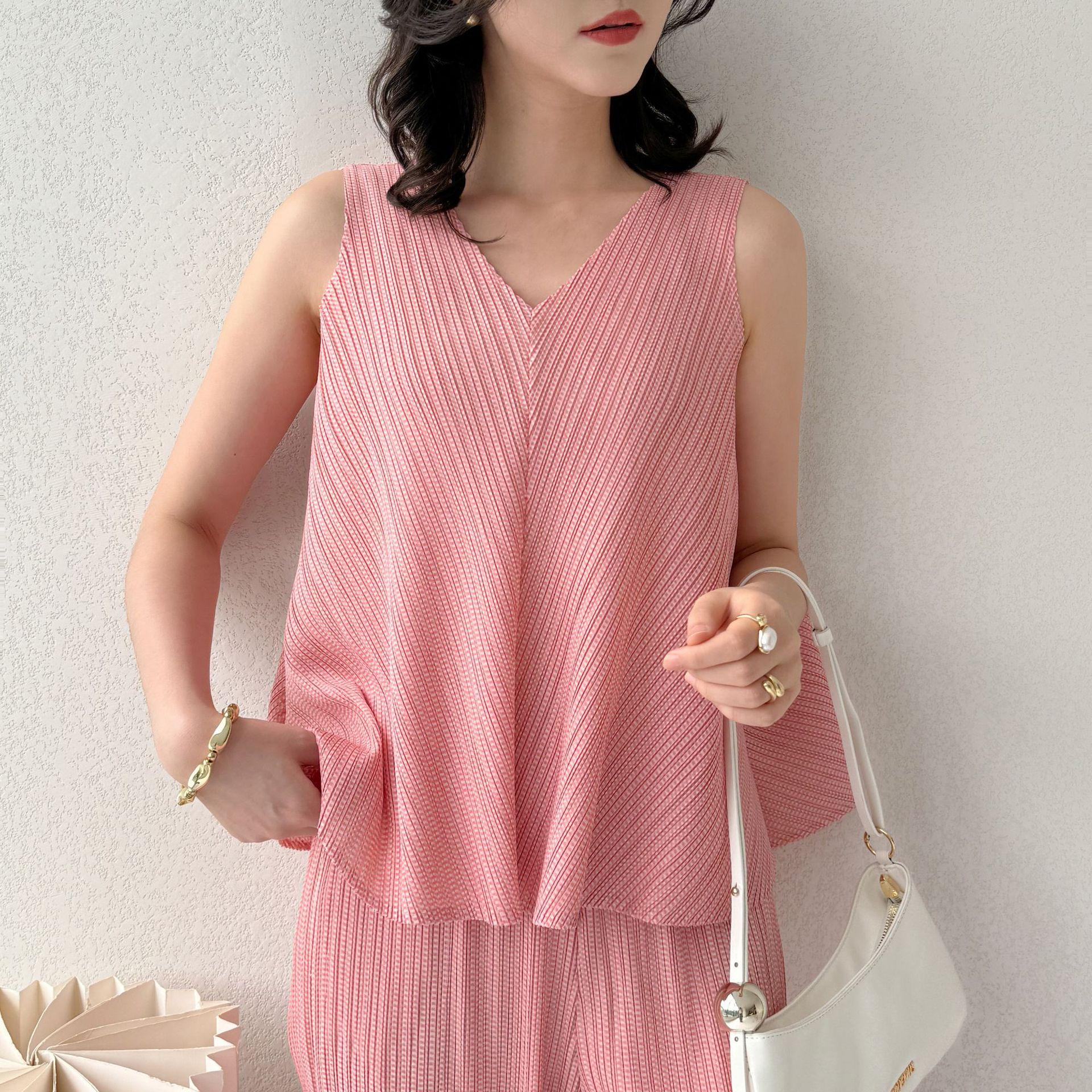 2026 Summer Miyake Pleated Top & Slimming Vest with Casual Long Pants – Sweet, Fresh, Stylish One Size