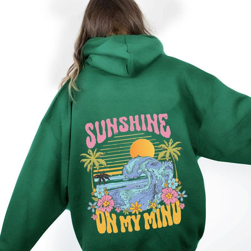 2025 Popular Fashion Hooded Sweater Ins Women's Shoulder Sleeves Fashion Sunshine Wave Sweater Print