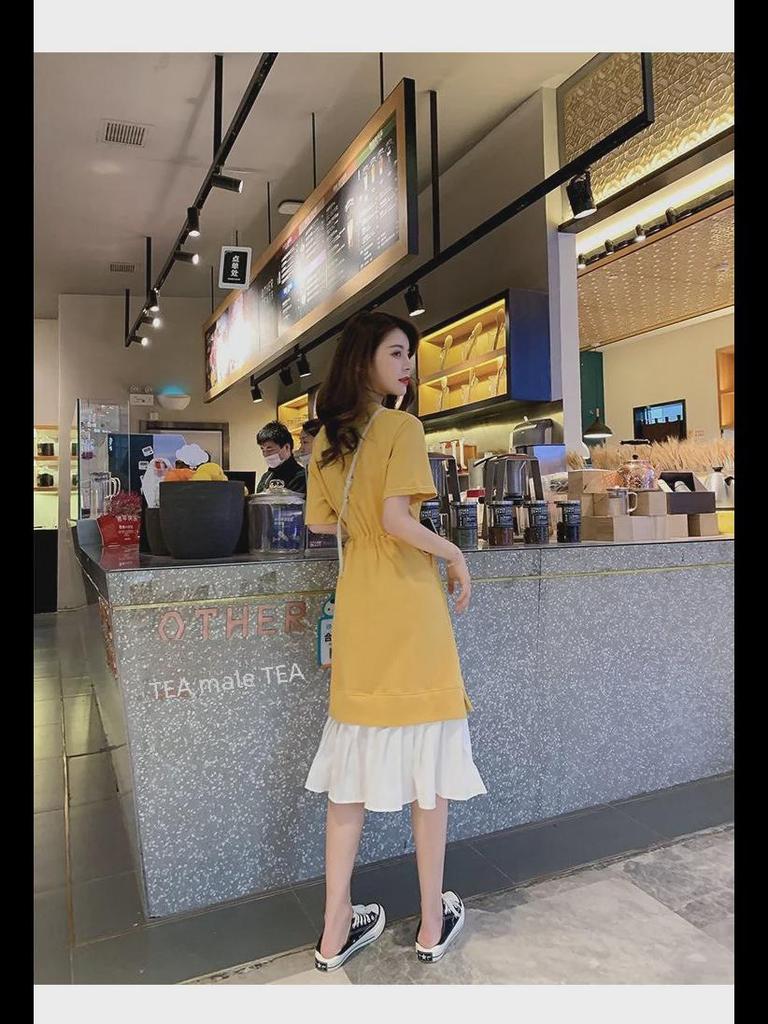 Locker sitzendes Umstandskleid im koreanischen Stil – zweiteiliges gespleißtes Design, über dem Knie lang, lässige Sommerkleidung