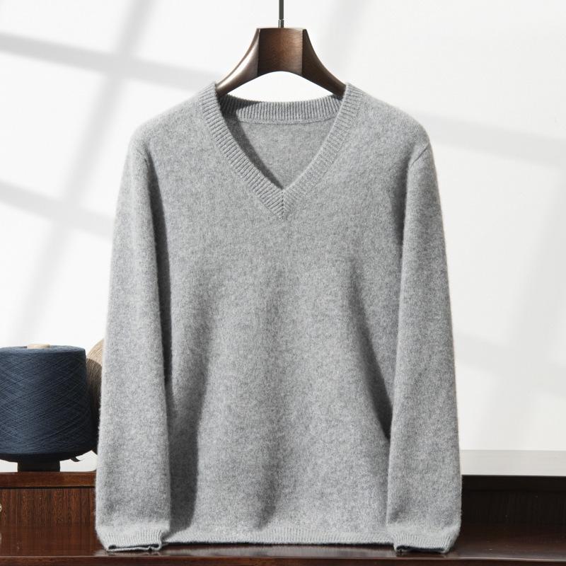 Men's Seven-Needle Cashmere V-Neck Sweater, Double-Strand Thickened, Soft Knit Base Layer for Autumn/Winter.