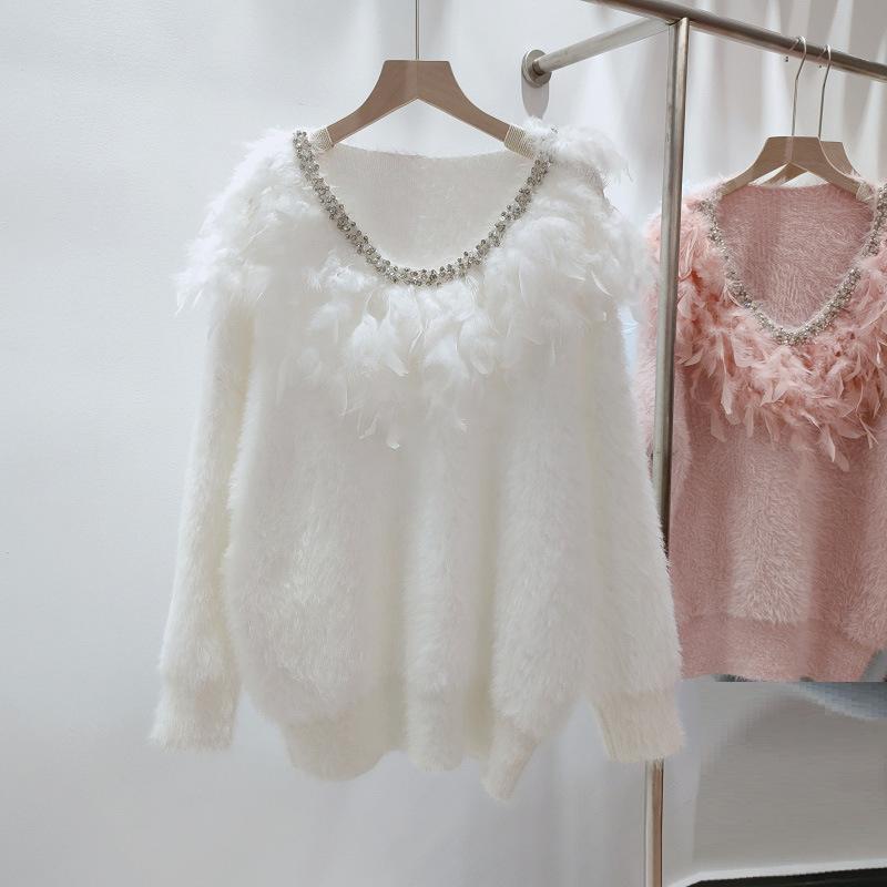 

Женский осенне-зимний новый пуловер свободного кроя с V-образным вырезом из норки с длинными рукавами One size fits all белый