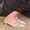 Fashion Women's Mesh Floral Embroidered Slingback High Heels Female Open Heel Pearl Studded Pointed Toe Sandals Sexy Stiletto Lady Mules