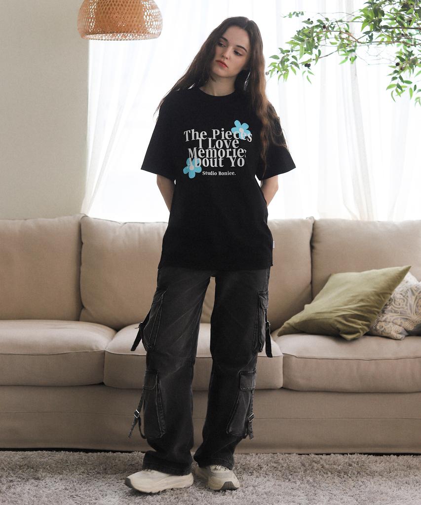 BONIEE Memories Flower Graphic Loose Oversized T-Shirt Black