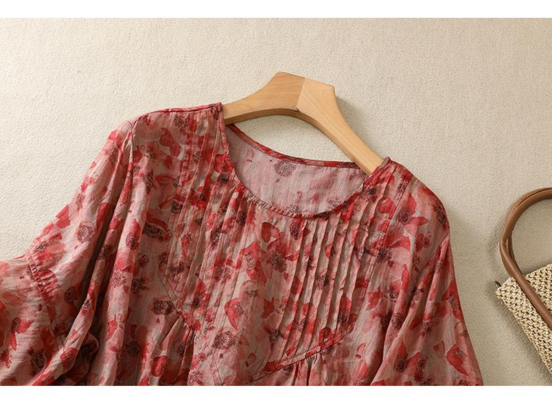 2025 Summer Floral Print Puff Sleeve Round Neck T-shirt