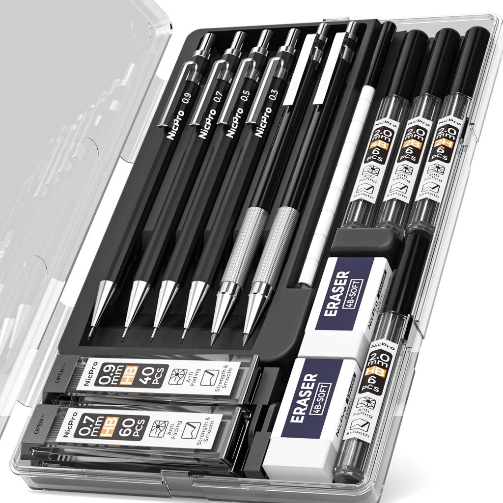 Nicpro Mechanical Black Metal Drafting mm Graphite Lead Holder for and Includes 8 Lead Refills and Eraser Case Pencils, 6-Piece Set, Pencils, 0.3 &
