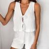 Women's Loose Shorts Sets Casual White Crepe Fabric V-neck Sleeveless Lace Up Vest Elastic Waist Shorts Summer 2-piece Set