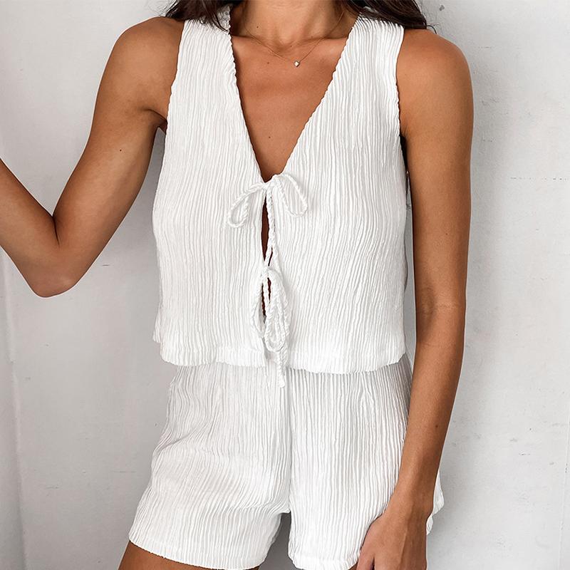 Women's Loose Shorts Sets Casual White Crepe Fabric V-neck Sleeveless Lace Up Vest Elastic Waist Shorts Summer 2-piece Set