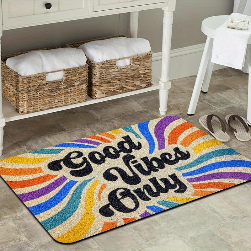 Rainbow Stripe Style Good Vibes Only Print Non-Slip Floor Mat Washable Decorative Area Rug for Entryway Living Room Bedroom