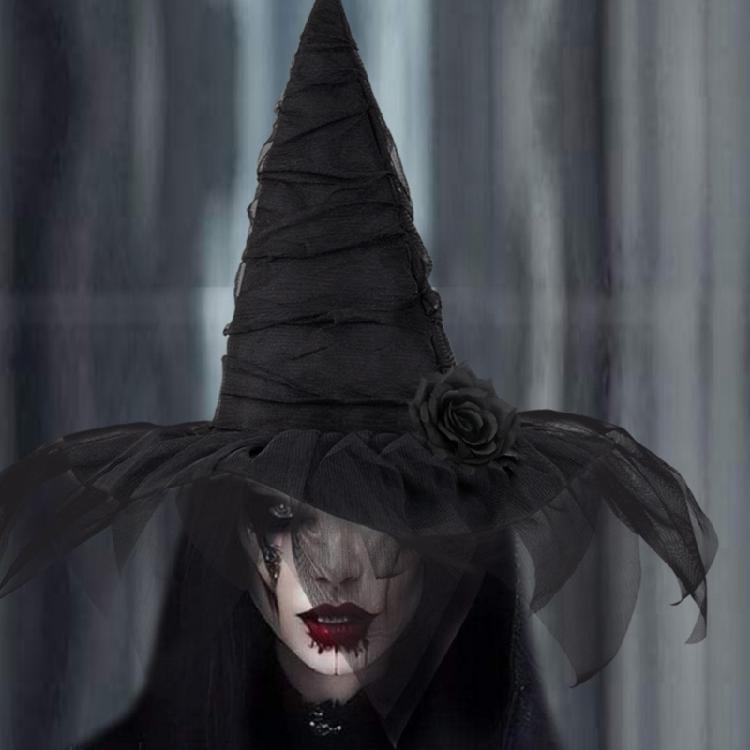 Dark Series Witch Caps Wizard Hat Cosplay Party Headwear Halloween Costume Hat Carnivals Party Pointed Hat with Flower