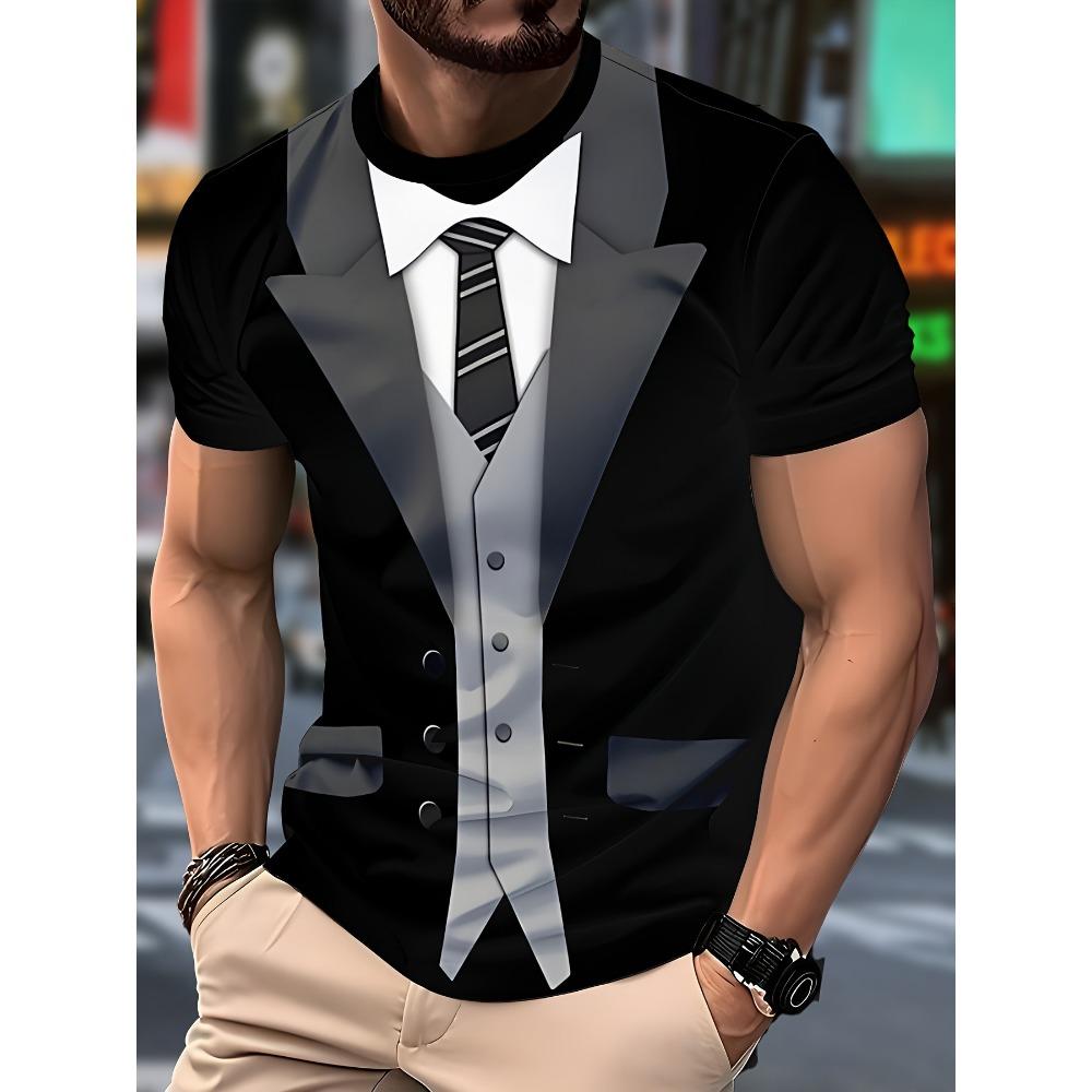 Minimally Striped 3D Digital Printed Men's Casual and Fashionable Round Neck Short Sleeved T-shirt