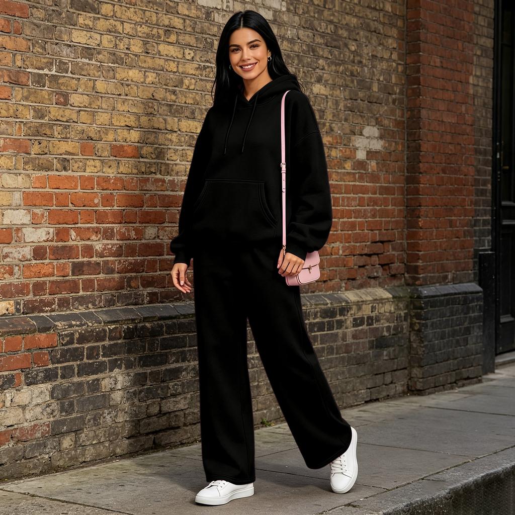 Women's Casual Two Piece Set with Drop Shoulder Drawstring Hoodie and Wide Leg Pants for Fall and Winter