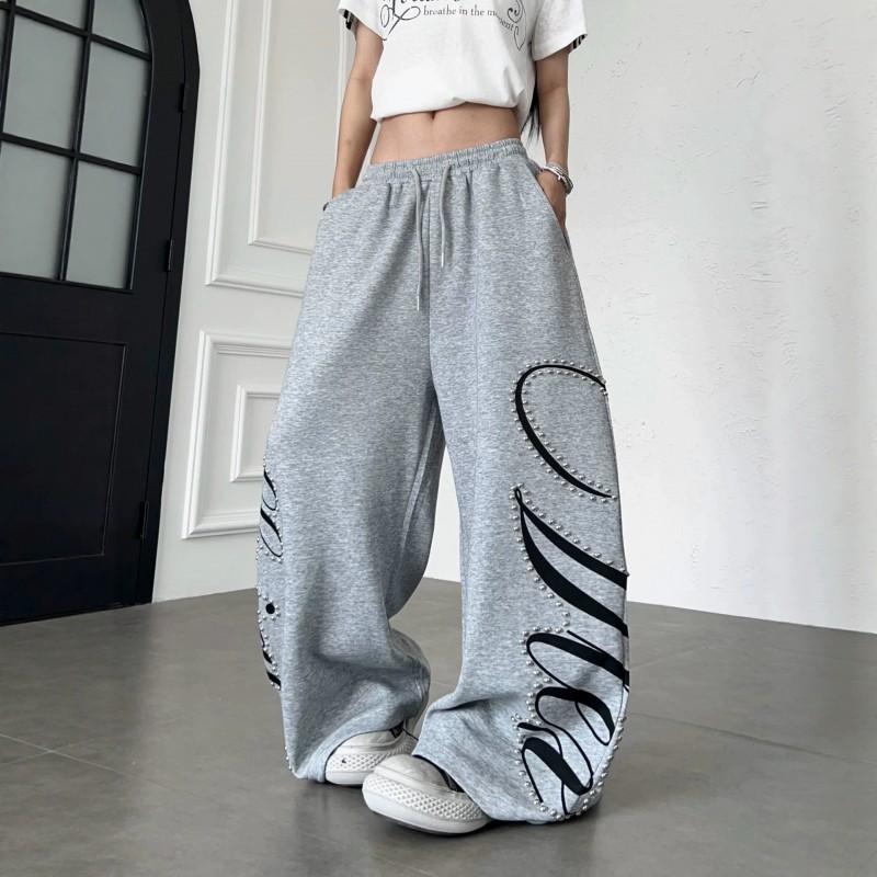Womens Streetwear Beaded Letter Print Sweatpants Loose Wide Leg Dance Sports Pants
