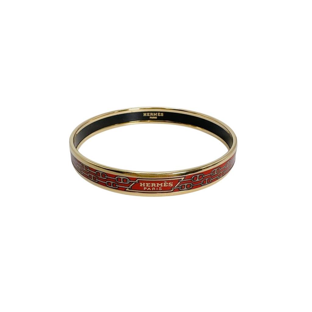 Hermes ROUGE Emaille PM Bangle Bracelet Gold Women Storage Box Used