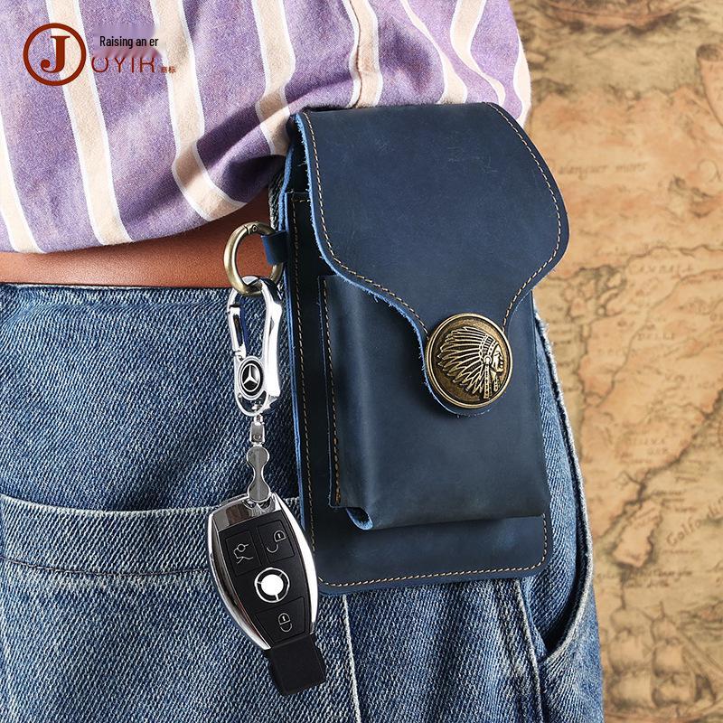 Men's Genuine Leather Fanny Pack: Mad Horse Waist Bag, Belt Loop Phone Holder for Outdoor Sports.
