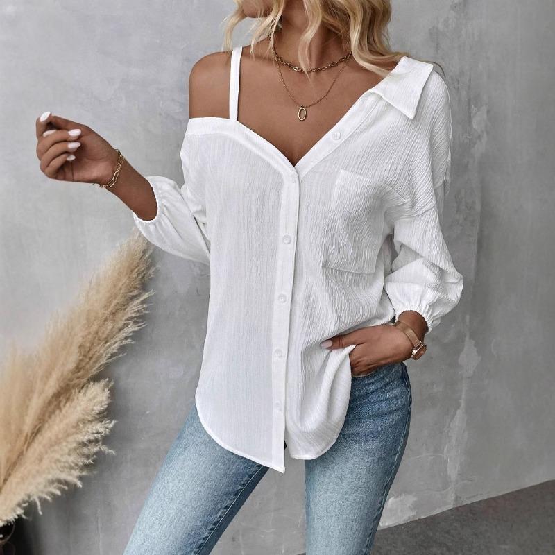 

QICED Women s Fashion Casual Solid Color Print Long Sleeve Blouses & Shirts Unique design S белый