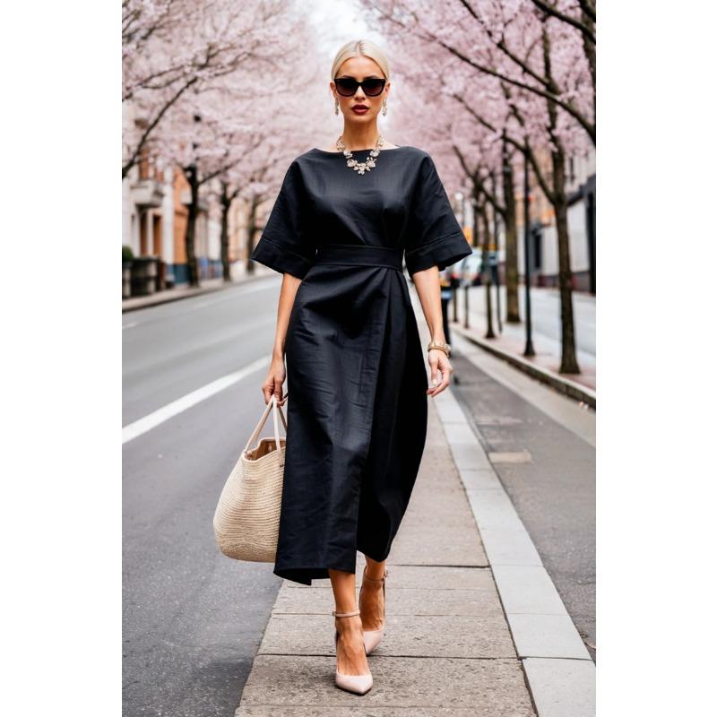 

Женская мода лето весна однотонный принт с коротким рукавом и круглым вырезом с высокой талией повседневные платья M чёрный