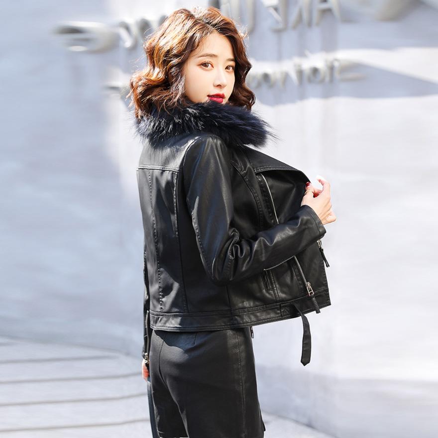 Leather jacket women's short coat spring and autumn new velvet thickened slim fit small leather jacket top