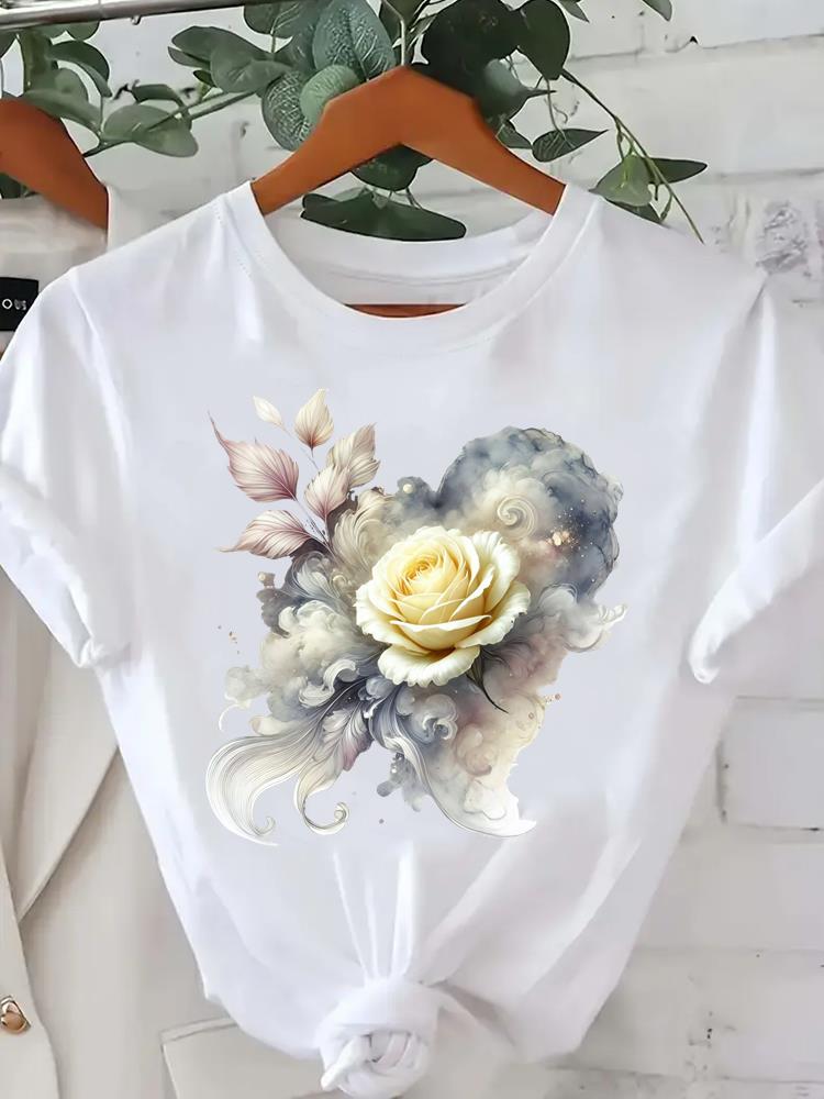 (Asian Size) Sweet Flower Cute Tee Clothing Lady Female Top Printed Women Casual T Shirt Fashion Graphic Short Sleeve T-shirts