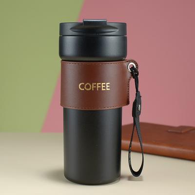 450ml Double Stainless Steel Coffee Mug Thermos Mug with Leather Cover Leak-Proof Car Vacuum Flask Travel Insulated Bottle