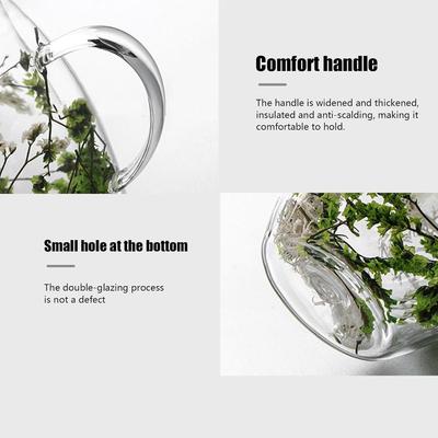 Kreative 350ml Glasbecher mit getrockneten Blumen, Verbrühschutz, transparentes Doppelwandglas mit Henkel, Blumentasse für Zuhause und Büro