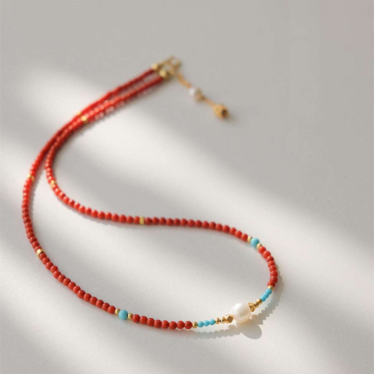 Zodiac Inspired Red Coral & Turquoise Agate Necklace with Pearls - New Year Gift Red Coral with Turquoise Necklace