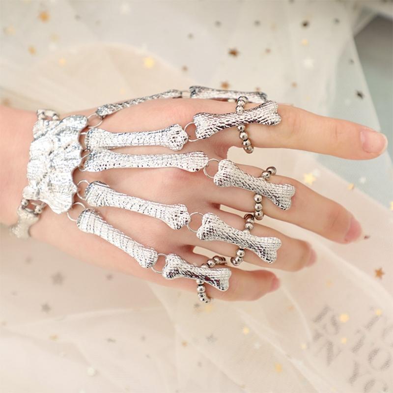 Punk Gothic Skull Bracelet Hand Bone Bangles Flexible Metal Bracelets for Women Men Nightclub Party Hip Hop Jewelry
