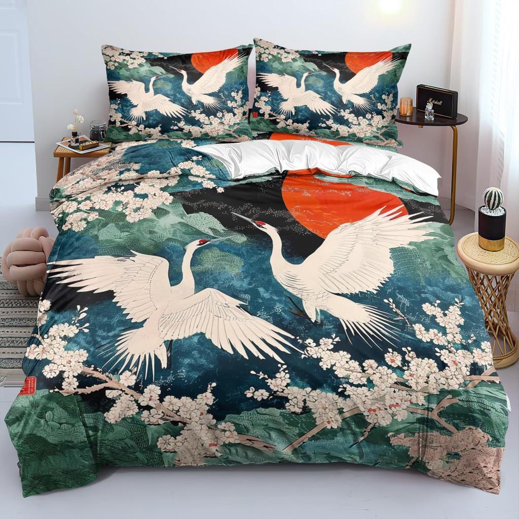 Crane Duvet Set Japanese Tree Bedding Three-Piece Room Decoration Animal Ukiyo-E Style Quilt Cover