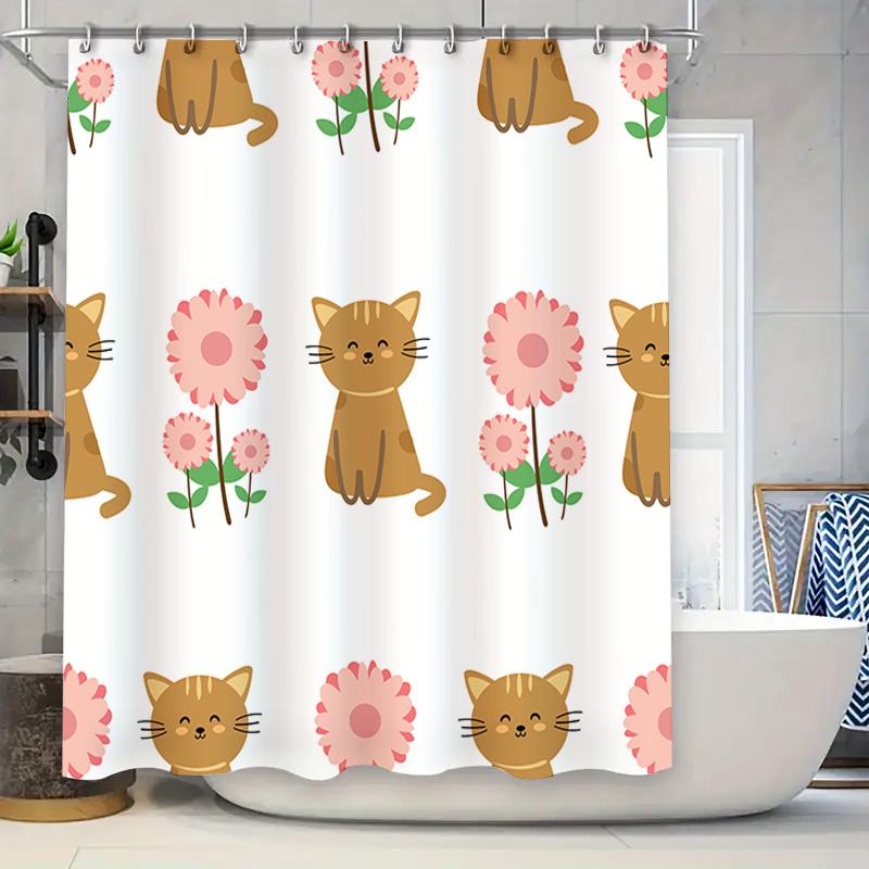 

Cute Cat Flower Shower Curtain Animal Pattern Bathroom Decor For Kids Room Removable Washable Fabric Shaggy Bath Mat Set W60H190(CM)-1 Pcs