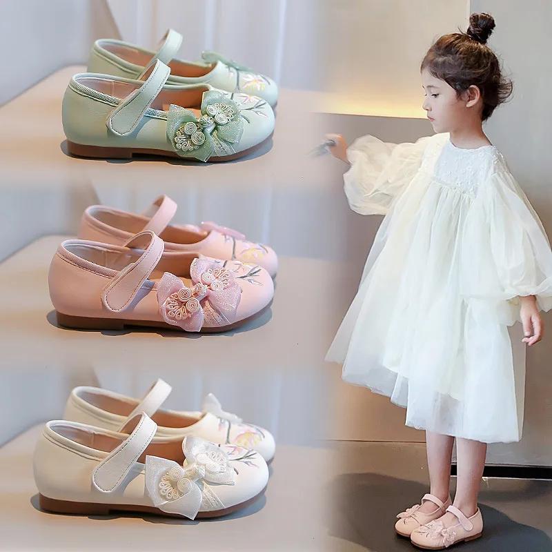 Girls Flats Shoes with Mesh Knot Children Embroidered Leather Shoes for Party Wedding Kids Elegant Temperament Princess Shoes