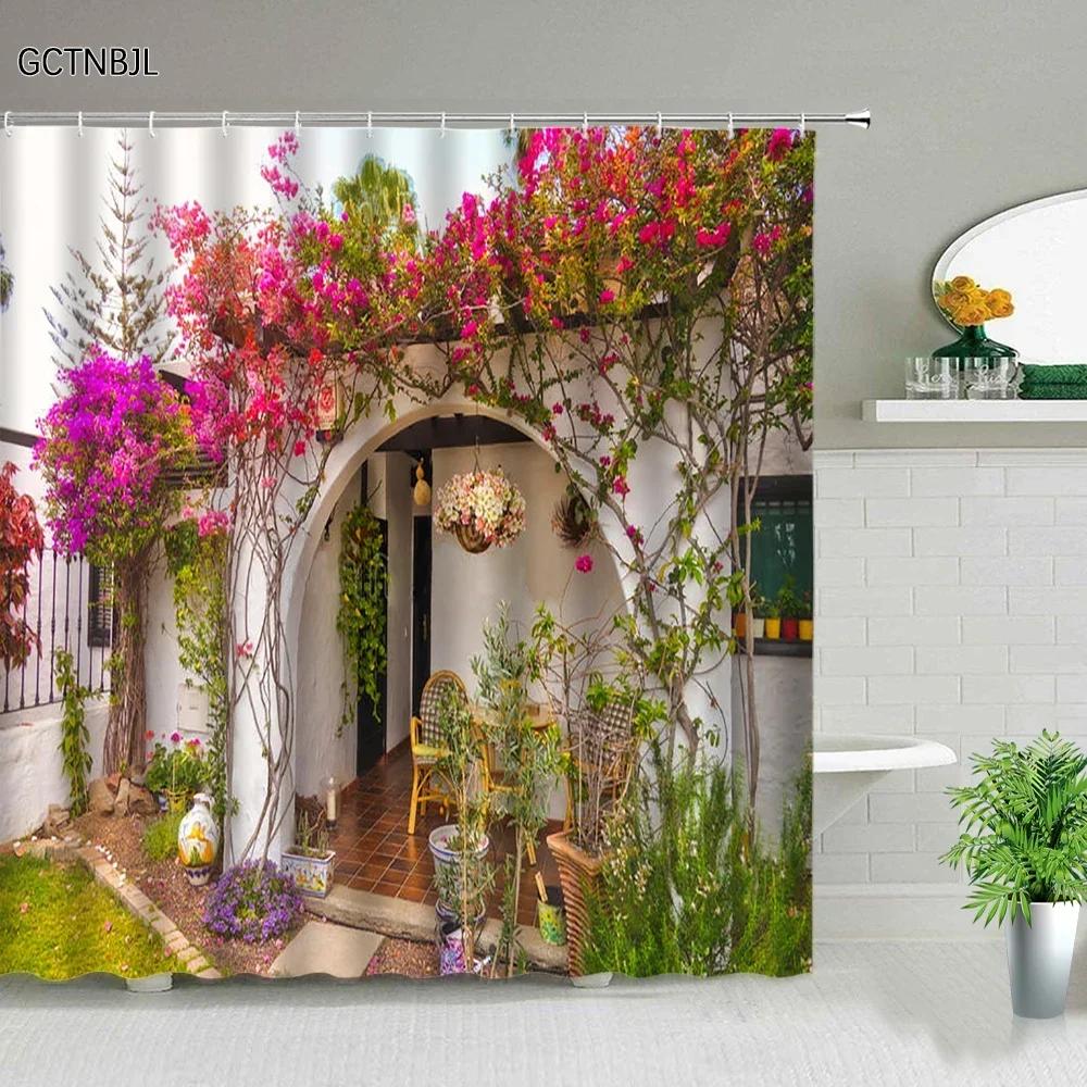 3D Europe Seaside Town Shower Curtain Flower Vine Courtyard Nature Scenery Polyester Fabric Home Decor Hook Bathroom Accessories
