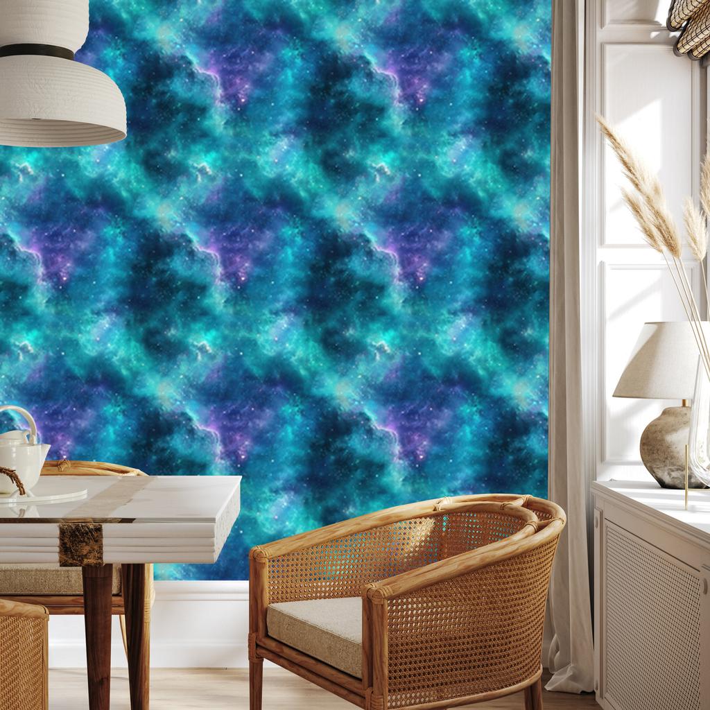 Watercolor Galaxy Wallpaper Turquoise, Blue and Navy Blue 50x1000